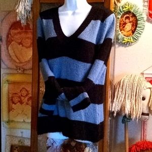 BIG,SUPER SOFT,Vintage 90s Black & Blue Striped Sweater with Sexy Deep"V" Neck